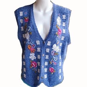 Napa Valley Floral Embroidered Boho Blue Cotton Blend Vest Size Extra Large